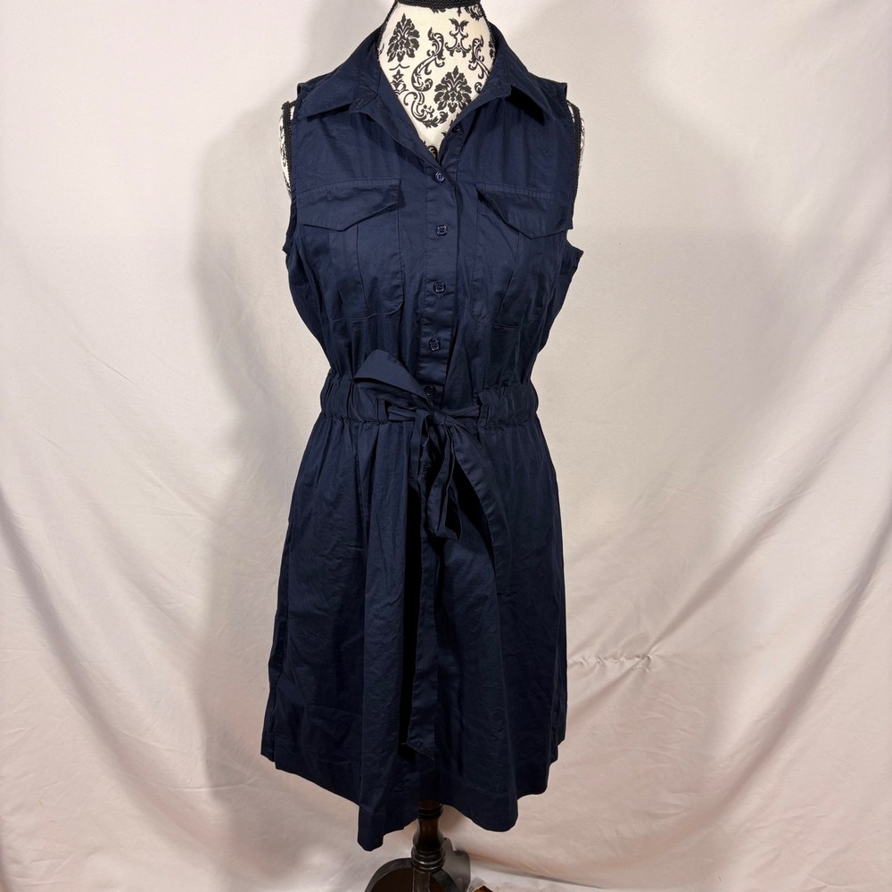 Marled Reunited Clothing Navy Blue Sleeveless Utility Shirt Dress Large Belted